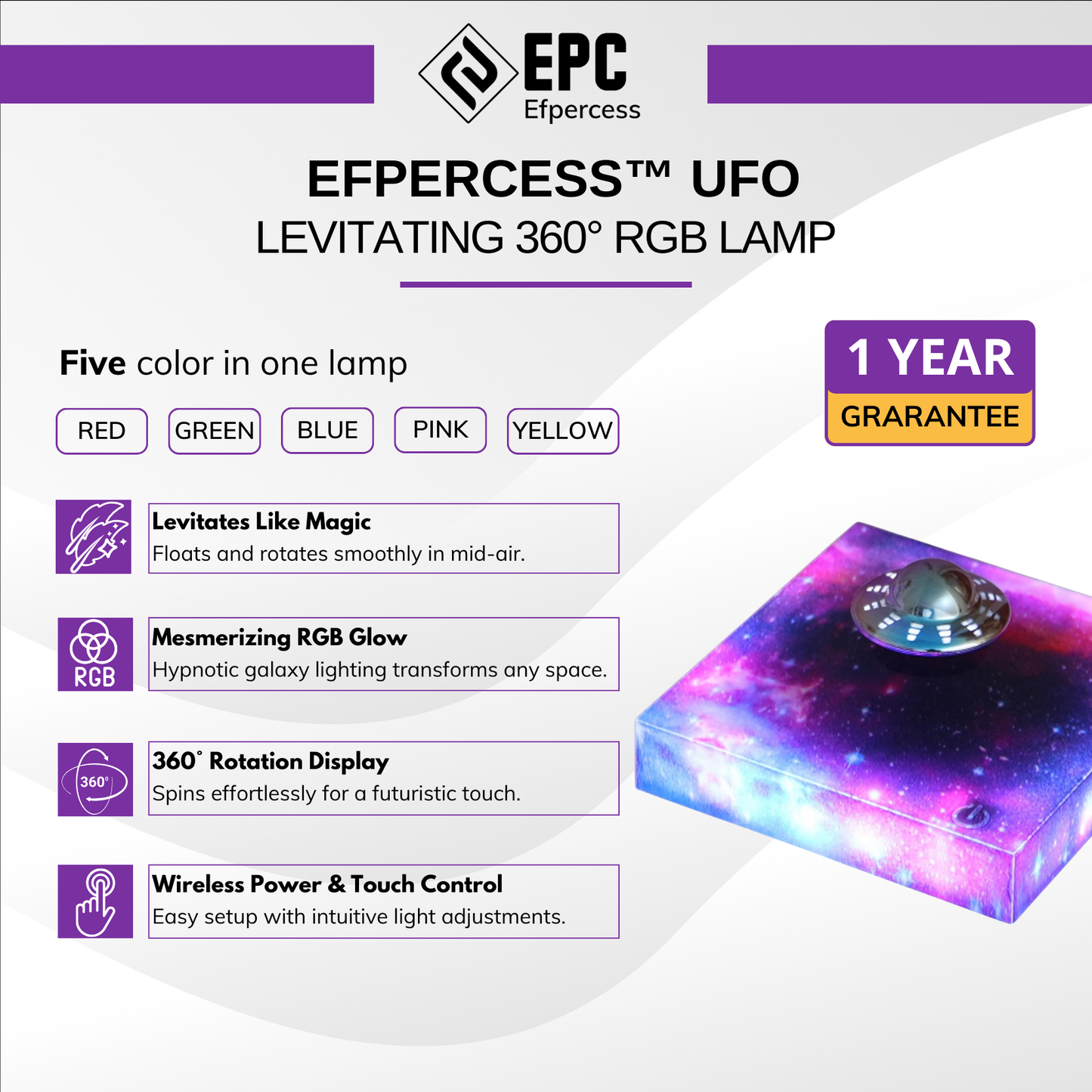 Efpercess™ UFO – Levitating Futuristic Lamp with 360° Rotation & RGB Galaxy Base