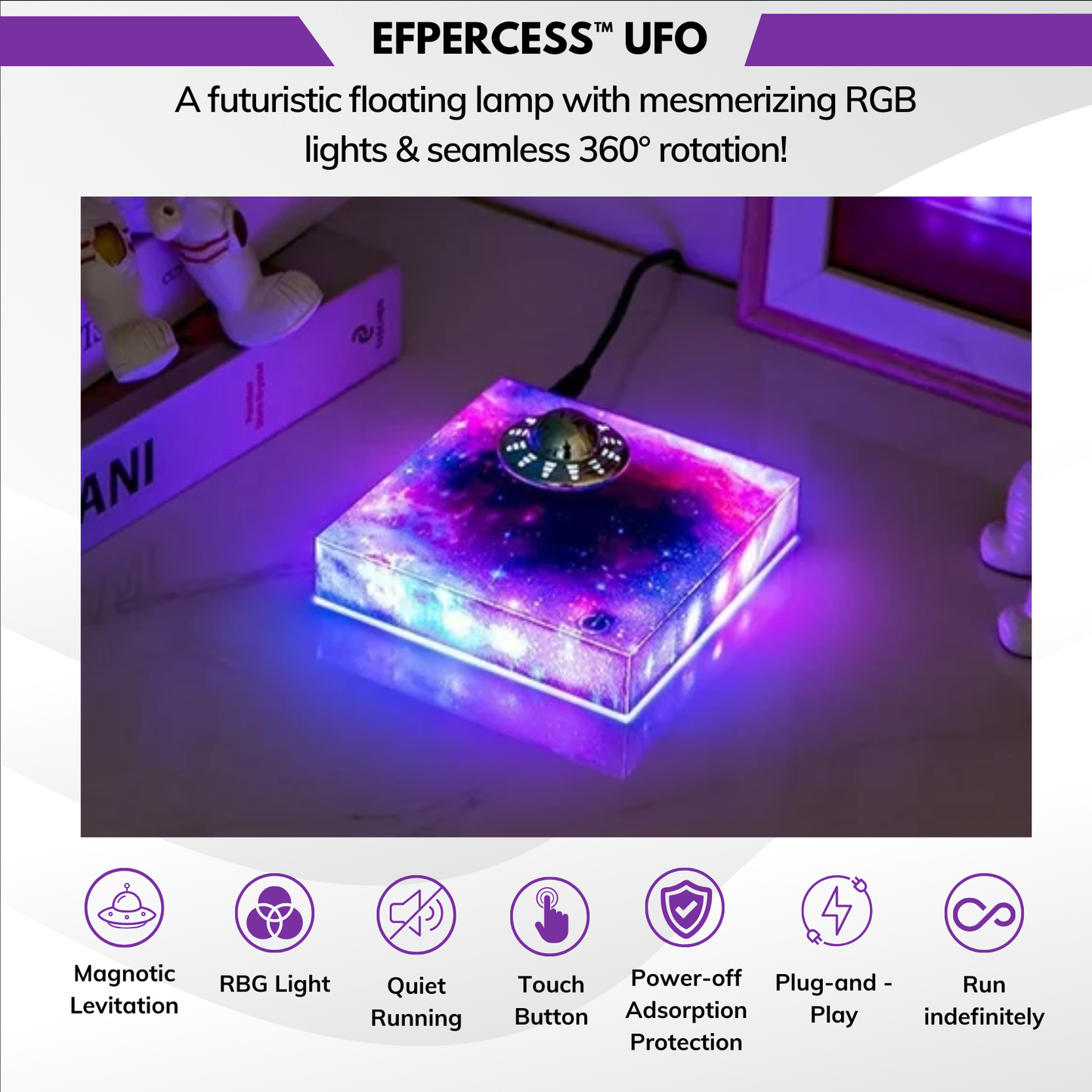 Efpercess™ UFO – Levitating Futuristic Lamp with 360° Rotation & RGB Galaxy Base